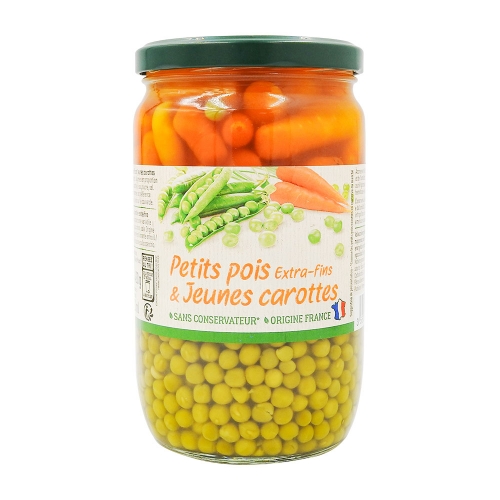 Petits pois extra fins et jeunes carottes à l'étuvée 420g pne