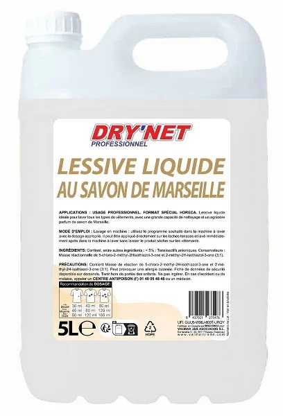 Lessive liquide DRY'NET professionnel au savon de Marseille 5 L