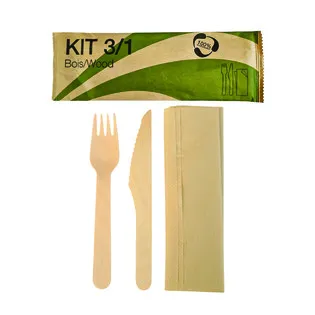 Kit couvert 3 en 1 en bois avec fourchette couteau et serviette x50